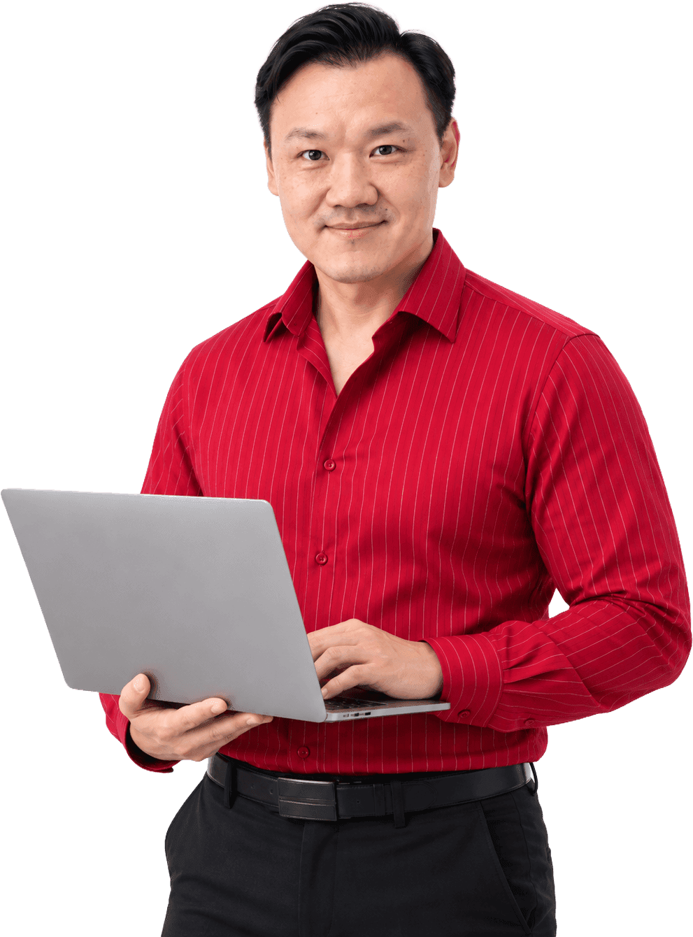 Tu Fan, Founder of PGrowth, holding a laptop