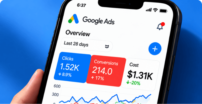 Phone showing a Google Ads dashboard with clicks, conversions and cost