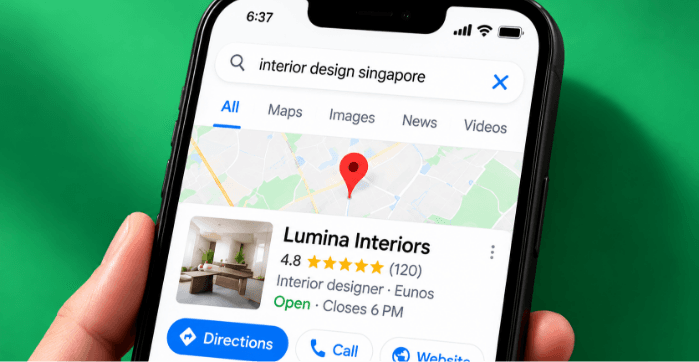 Phone showing a Google Maps search for a digital marketing agency with no results found
