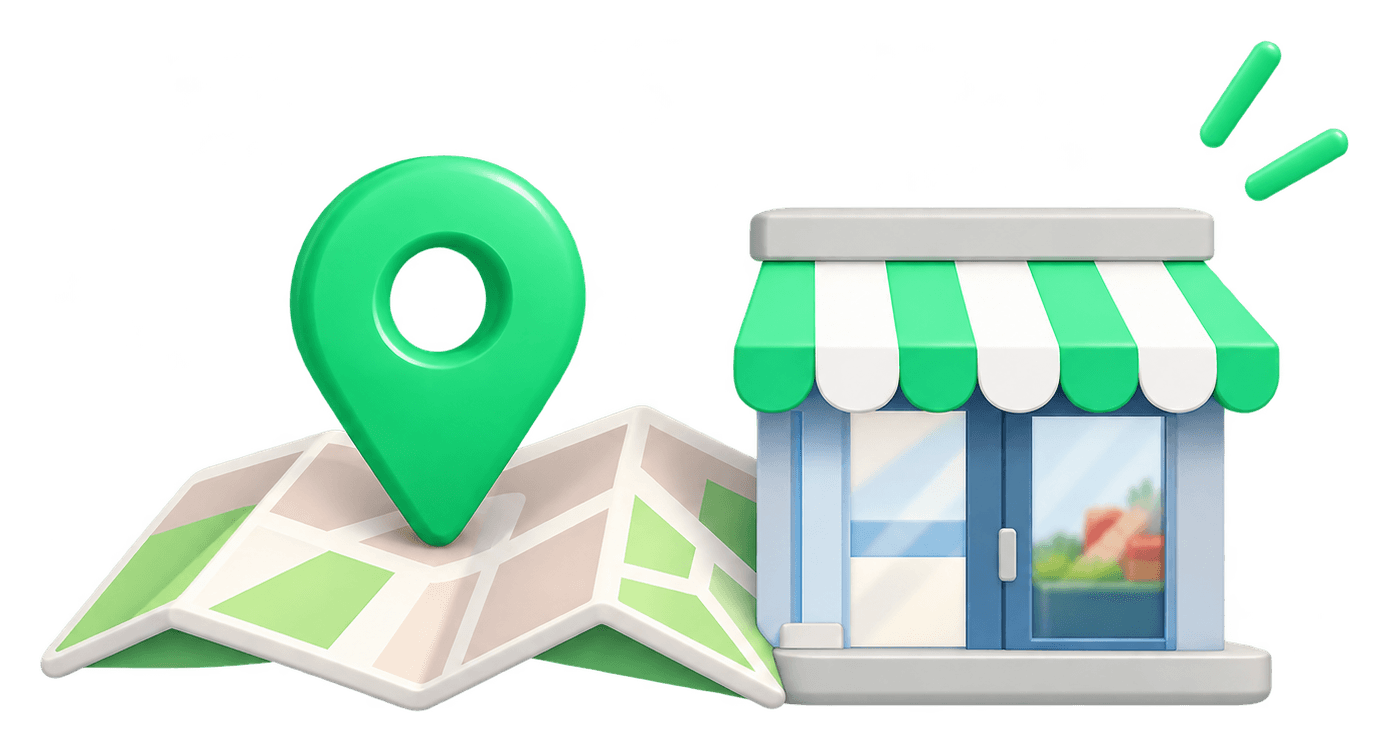 A map with a green location pin beside a small shopfront