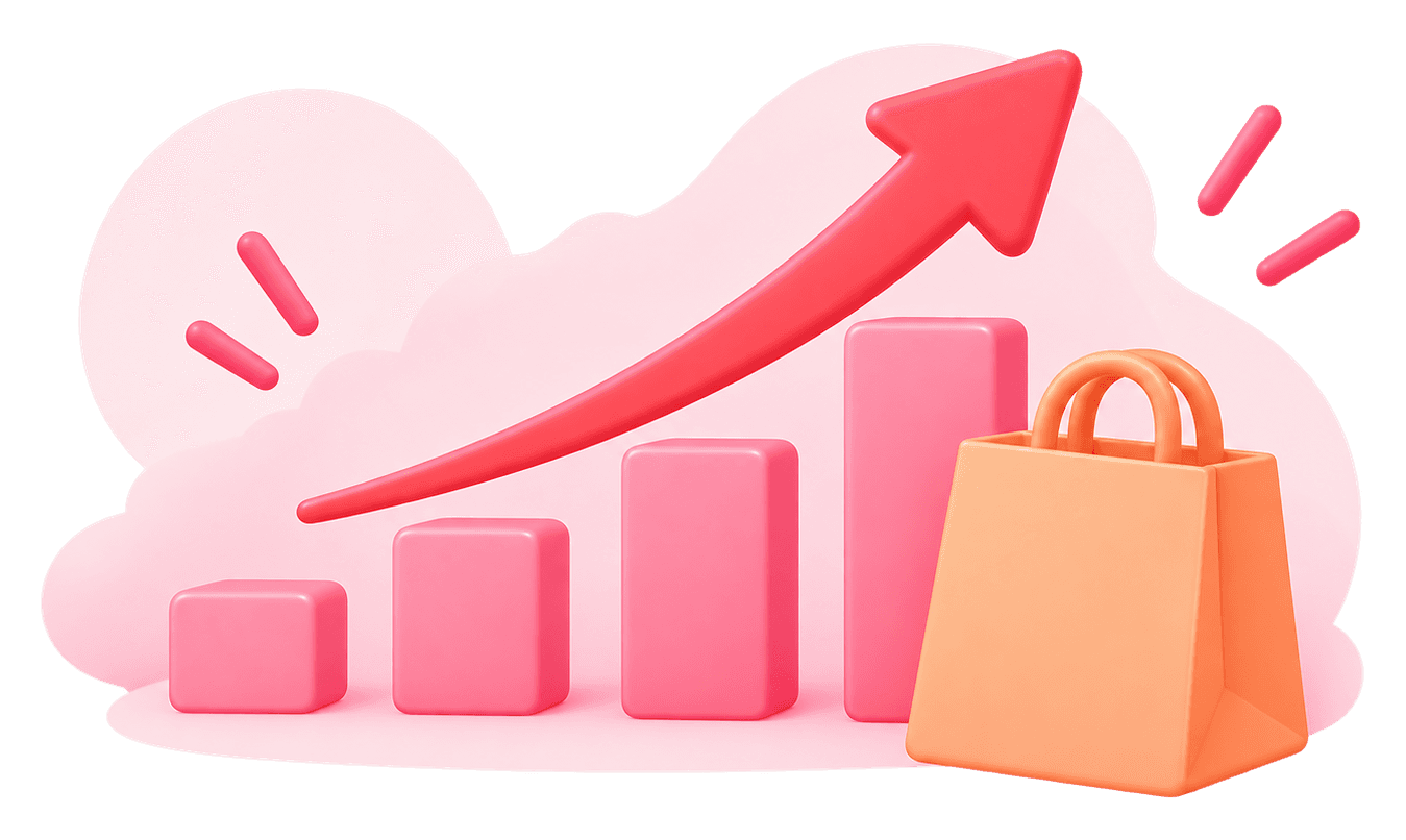 Rising bar chart with an upward arrow beside a shopping bag
