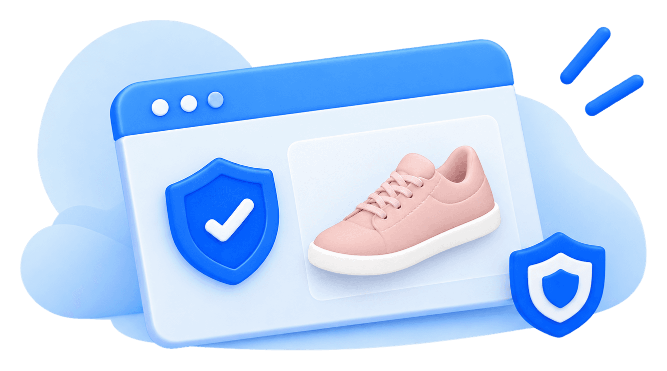 A browser window showing a product with shield and check badges