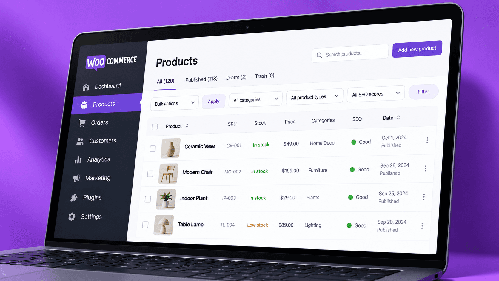 A laptop showing a WooCommerce products table with stock, price, category and SEO status for each product