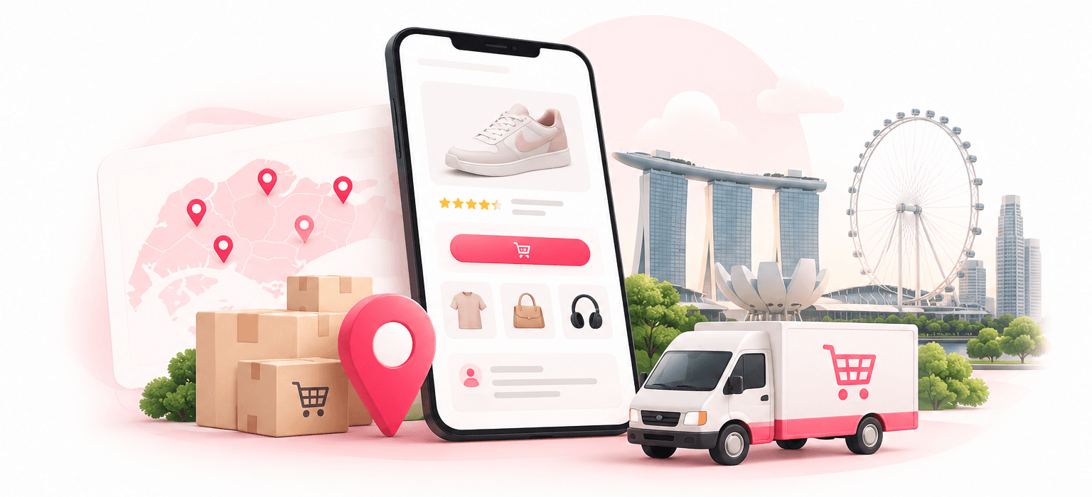 A phone showing an online store beside a Singapore map with location pins, parcels and a delivery van, with Marina Bay Sands and the Singapore Flyer behind