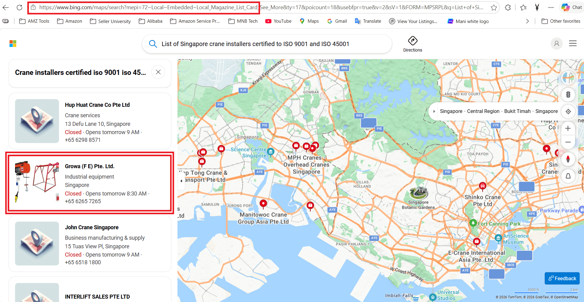 Bing local results for Singapore crane installers certified to ISO 9001 and ISO 45001, with Growa (F E) Pte. Ltd. highlighted