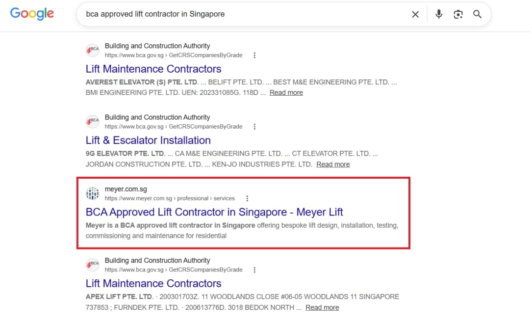 Google search for bca approved lift contractor in Singapore with meyer.com.sg highlighted