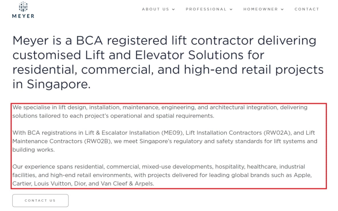 Meyer homepage headline and introduction stating it is a BCA registered lift contractor