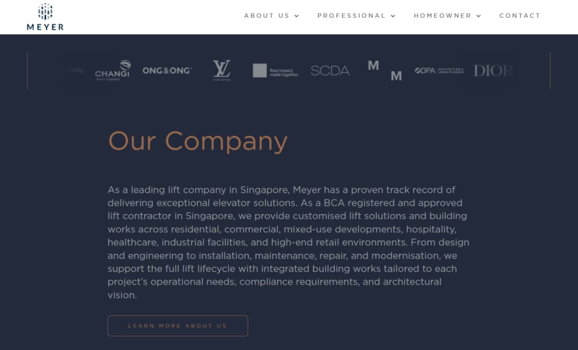 The Our Company section of meyer.com.sg describing it as a BCA registered and approved lift contractor