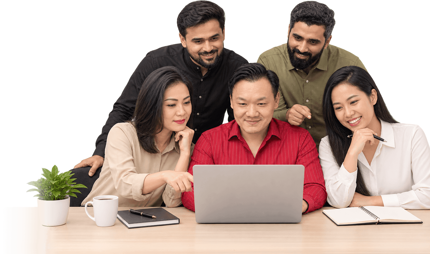 The PGrowth team gathered around a laptop reviewing results together