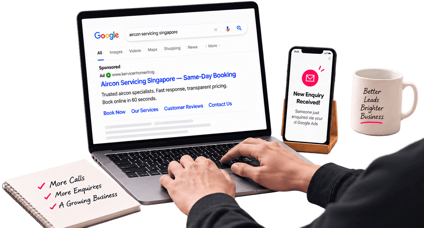 A laptop showing a Google Ads search result for aircon servicing, next to a phone notification for a new enquiry and a mug reading Better Leads, Brighter Business