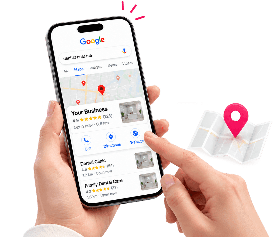 Hands holding a phone showing a Google Maps local pack search result for a dentist near me, with the business ranked first
