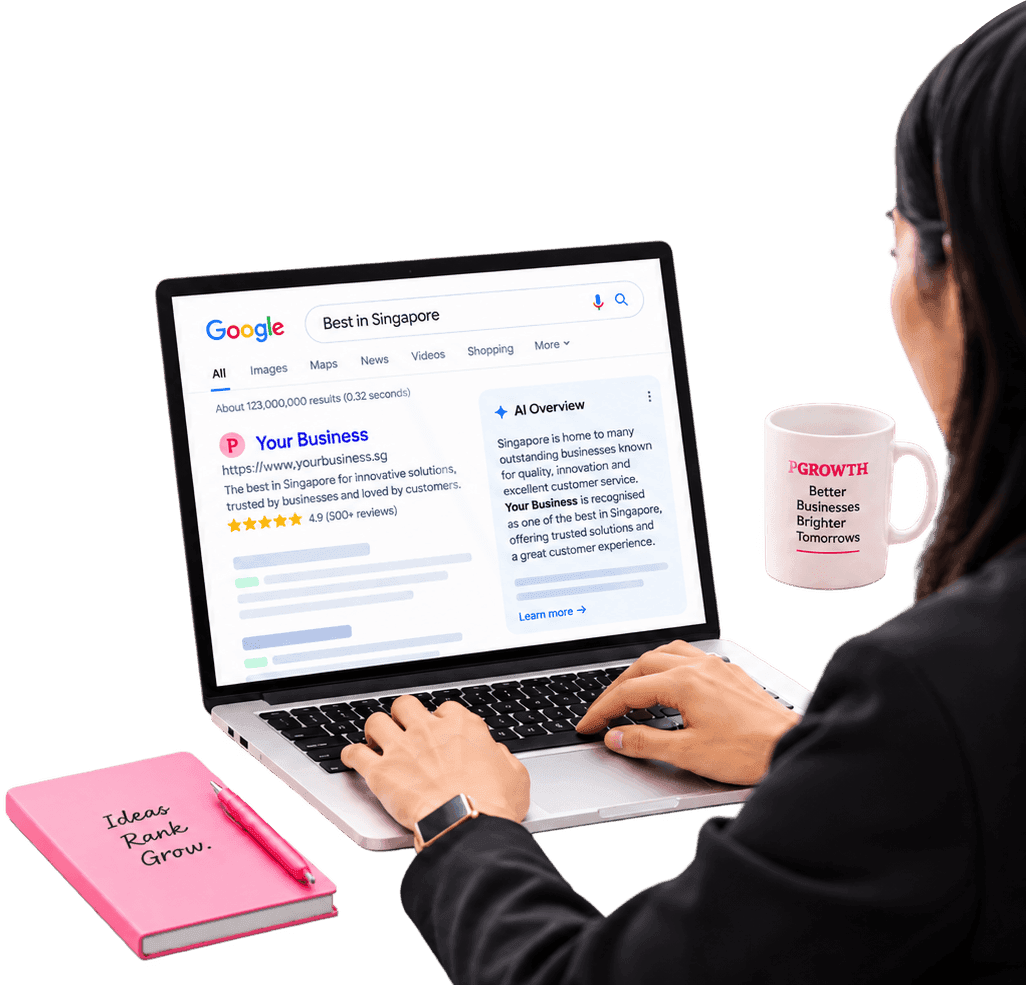 A person searching Google for their business, with an AI Overview citing it and a mug reading PGrowth: Better Businesses, Brighter Tomorrows