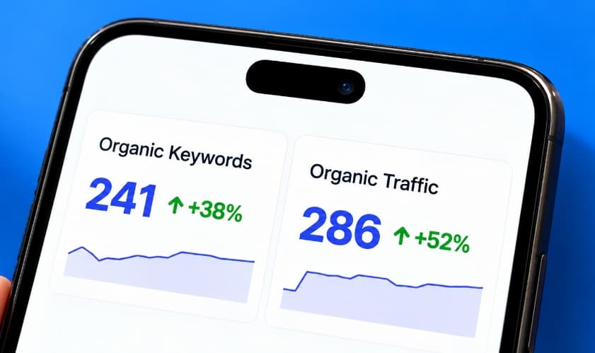 A phone showing organic keywords and organic traffic rising, with trend charts