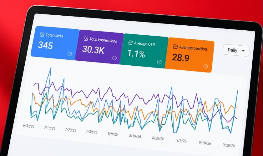 A laptop showing a Search Console report with total clicks, total impressions, average CTR and average position