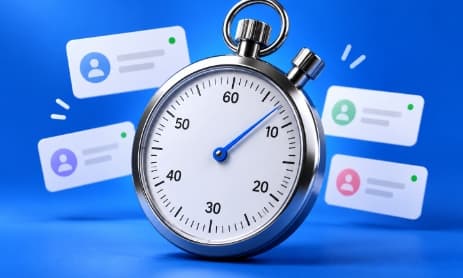 A stopwatch beside small contact-card icons, representing fast lead turnaround