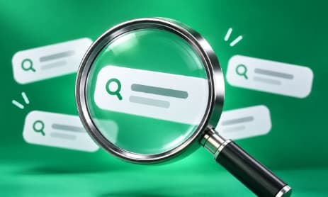 A magnifying glass over several search-result cards, representing existing search demand