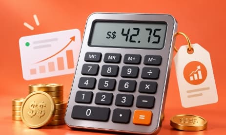 A calculator showing S$42.75 beside a rising chart and price tag, representing known lead value
