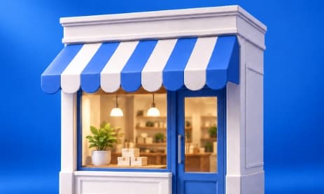 An illustrated blue-and-white storefront with an awning and lit window display