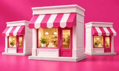 Three pink-and-white storefronts of different sizes side by side